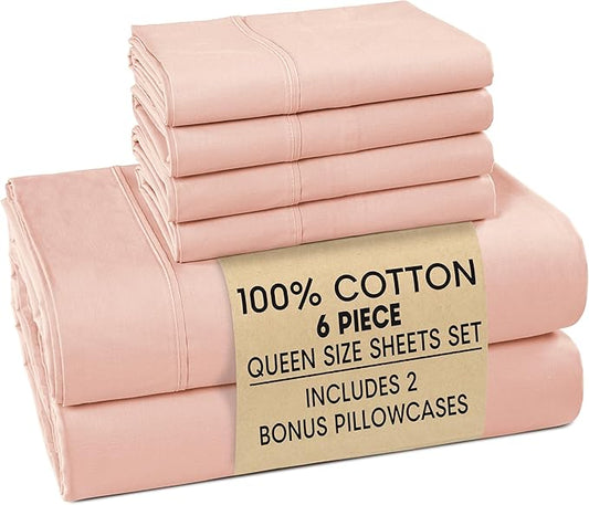 Casa Platino 100% Cotton Queen Size Sheets Set – 6 Piece Crisp Percale Queen Size Cooling Sheets, Lightweight for Summer, with 15" Deep Pocket Fitted Sheet Nightly Comfort & Airy Sleep – Veiled Rose