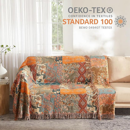 Boho Throw Blanket for Bed 80”x90”, 100% Cotton Woven Blanket for Couch Sofa, Ultra Soft 4-Layer Muslin Quilt with Patchwork Floral Printed, Farmhouse Bed Blanket/Cover for Living Room Decor
