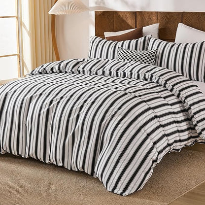 Merryword 100% Cotton Duvet Cover Set Queen Size - Black and White Striped Duvet Cover Set, Modern Minimalist Pinstripe Comforter Cover with Pillowcases, Soft Breathable Bedding Set for All Seasons