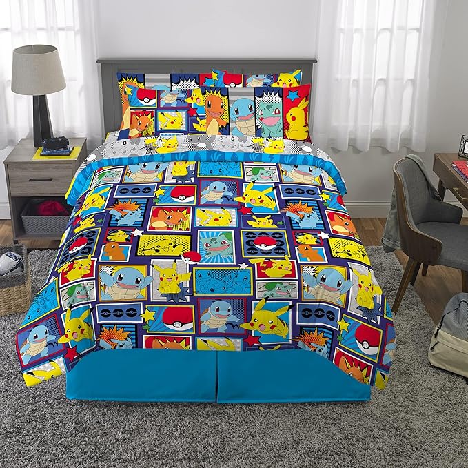 Pokémon Pikachu Full Size Bedding Set – Kids Bedding Super Soft Cozy Reversible Comforter and Sheet Set with Sham, 7 Piece Full Size, (Officially Licensed Product) by Franco