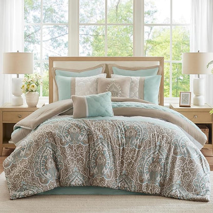 510 DESIGN Luxe Quilted Comforter Set Modern Transitional Design, All Season Down Alternative Warm Bedding Matching Shams, Bedskirt, Decorative Pillow, Cal King, Shawnee Scrollwork Seafoam