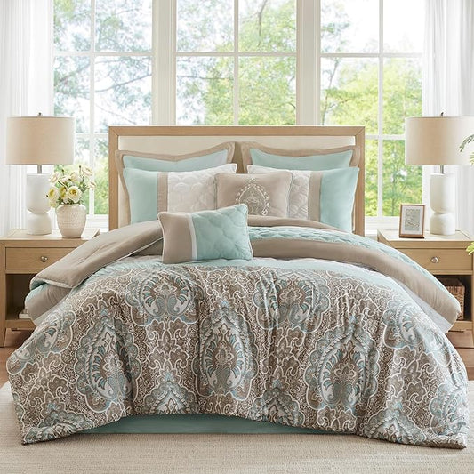 510 DESIGN Luxe Quilted Comforter Set Modern Transitional Design, All Season Down Alternative Warm Bedding Matching Shams, Bedskirt, Decorative Pillow, Cal King, Shawnee Scrollwork Seafoam