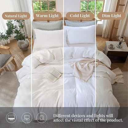 MILDLY White Boho Duvet Cover Set - 100% Washed Cotton Jacquard Stripe Textured Comforter Cover with Zipper Closure 90"x90"