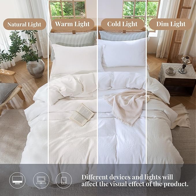 MILDLY White Striped Duvet Cover - 100% Washed Cotton Jacquard Textured Comforter Cover with Dual Zipper Closure & 8 Coner Ties