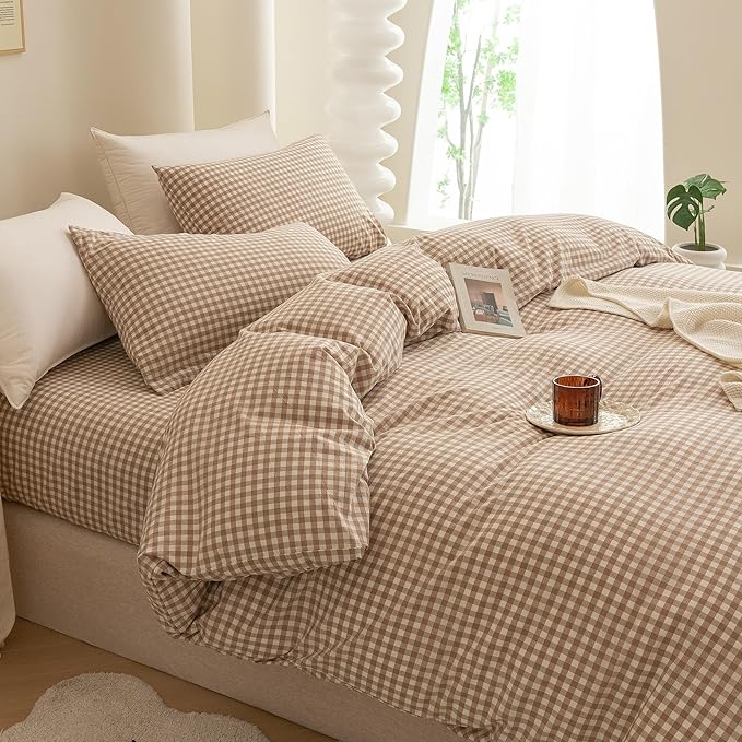 ECOCOTT Gingham Duvet Cover King Size 100% Washed Cotton Like Linen Feel Super Soft & Comfy Bedding Set Modern Checkered Design for All Seasons