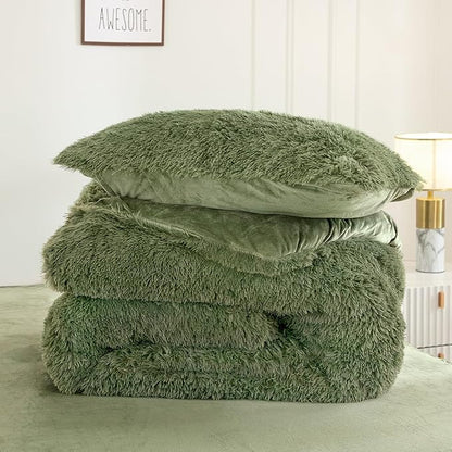 Andency Faux Fur Sage Green Comforter Set Full Size, 3 Pieces Fluffy Fuzzy Plush Bedding Comforter Set (1 Shaggy Velvet Comforter & 2 Pillowcases), Soft Puffy Comfy Down Comforter Bedding Set