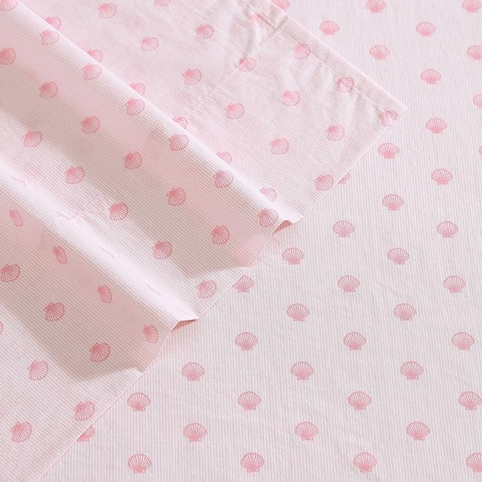 Laura Ashley - King Sheets, Cotton Percale Bedding Set, Lightweight & Breathable Home Decor (Scallop Dollop Pink, King)