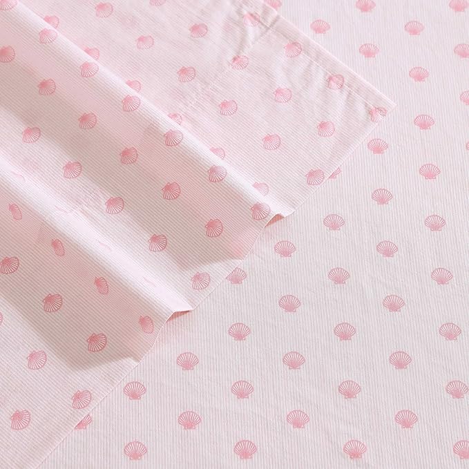 Laura Ashley - Queen Sheets, Cotton Percale Bedding Set, Lightweight & Breathable Home Decor (Scallop Dollop Pink, Queen)
