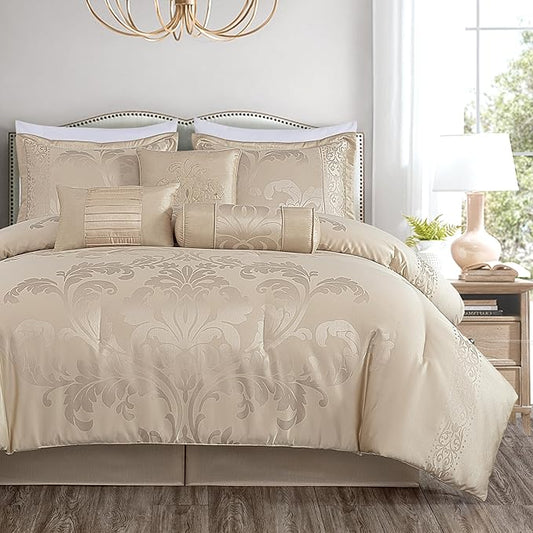 Chezmoi Collection Royale 7-Piece Jacquard Floral Comforter Set, King, Champagne