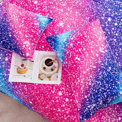 RYNGHIPY Rainbow Bed in A Bag Queen Size Girly Pink Purple Blue Gradient Galaxy Print Comforter Set with Sheets Pillowcases
