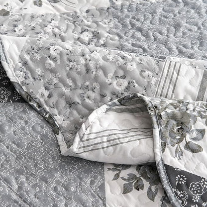 Cmfshape Summer Floral King Bedspread,Romantic Grey Quilt Set King,Reversible Stitched Bedding Set All Season,Soft Lightweight Coverlet with Pillow Cases (Dark Grey, King102 x90)