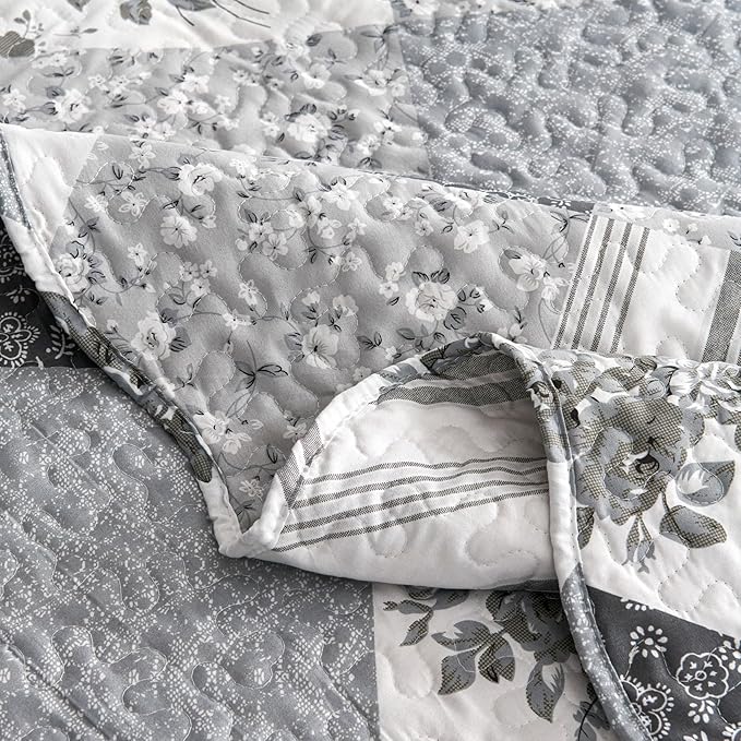 Cmfshape Summer Floral Queen Bedspread,Romantic Grey Quilt Set Full,Reversible Stitched Bedding Set All Season,Soft Lightweight Coverlet with Pillow Cases (Dark Grey, Queen90 x90)