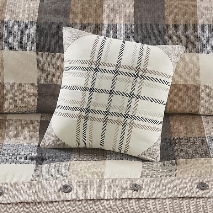 Madison Park Ridge Comforter Set - Cabin Lodge Plaid Herringbone Design, All Season Down Alternative Cozy Bedding with Matching Bedskirt, Shams, Decorative Pillow, Cal King(104"x92"), Neutral 7 Piece