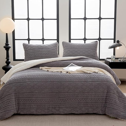 COTTEBED Reversible Sherpa Fluffy Comforter Queen Set, Boho Tufted Bedding Down Blanket Comforter Set, Ultra-Soft Washed Cotton Shabby Plush Fleece Sherpa Thick Warm for Winter Autumn, Grey Full Queen