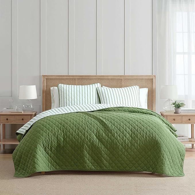 Martha Stewart - King Quilt Set, 100% Soft & Breathable Bedding with a Lightweight Feel for Year Round Comfort, 3 Piece Bed Set with Matching Pillowcases (Ticking Stripe Green)