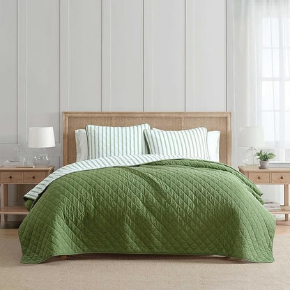 Martha Stewart - King Quilt Set, 100% Soft & Breathable Bedding with a Lightweight Feel for Year Round Comfort, 3 Piece Bed Set with Matching Pillowcases (Ticking Stripe Green)