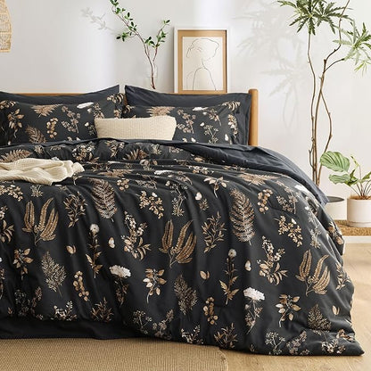 Bedsure Black Twin Comforter Set - 5 Pieces Floral Bedding Sets Twin Bed in a Bag with Reversible Botanical Flowers Comforter, Sheets, Pillowcase & Sham