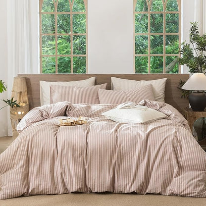 MooMee Striped Duvet Cover Set 100% Washed Cotton Linen Like Textured Breathable Durable Soft Comfy (Orange White Wide Stripes, Twin 68"x90")