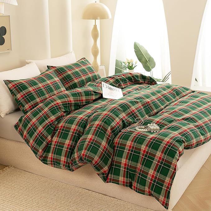 ECOCOTT Buffalo Plaid Duvet Cover King Size– 3 Piece Green Checkered Bedding Set, 100% Washed Cotton, Soft Breathable Reversible Design with Zipper Closure & Corner Ties