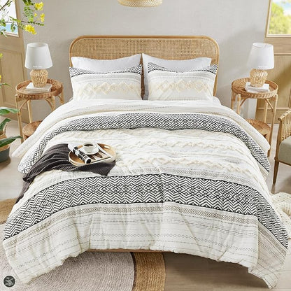 Hyde Lane Farmhouse Bedding Comforter Sets, Ivory Full/Queen Size Boho Bed Set,Cotton Top with Modern Neutral Style Clipped Jacquard Stripes, 3-Pieces Including Pillow Shams (90x90 Inches)