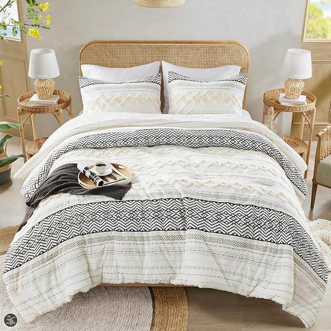 Hyde Lane Farmhouse Bedding Comforter Sets King, Ivory Boho Bed Set,Cotton Top with Modern Neutral Style Clipped Jacquard Stripes, 3-Pieces Including Matching Pillow Shams (104x90 Inches)