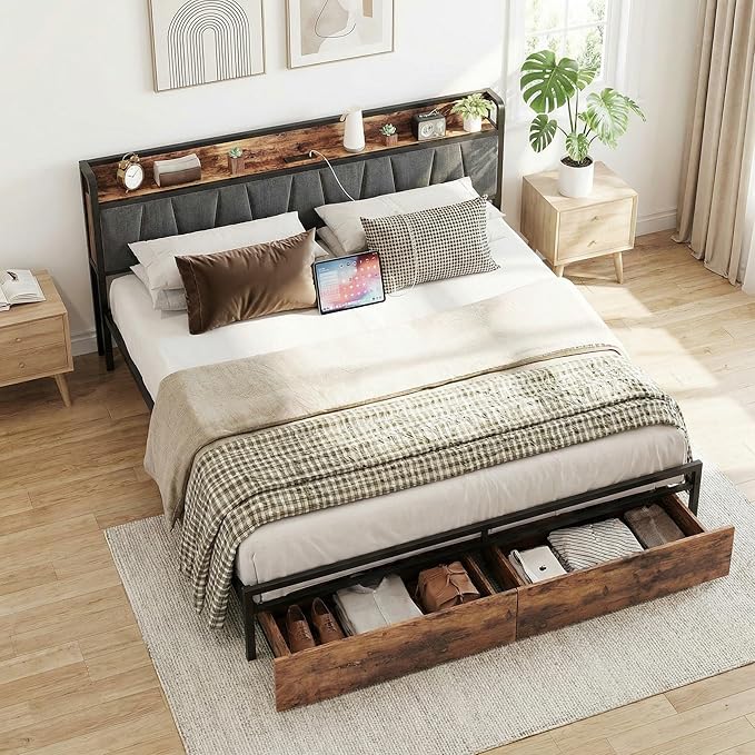 LIKIMIO King Size Bed Frame, Storage Headboard with Charging Station, Platform Bed with Drawers, No Box Spring Needed, Easy Assembly, Industrial Brown and Gray