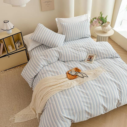 ECOCOTT Striped Duvet Cover Queen Size -100% Washed Cotton Linen Like Textured Breathable Durable Soft Comfy Bedding Set with Zipper Closure & Corner Ties