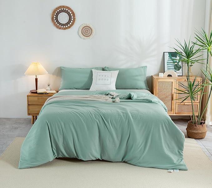 COTTEBED Ultra-Soft Sage Green Comforter Sets for Queen Bed - Light Weight All Season Solid Fluffy Washed Cotton Full Size Bedding Down Alternative Comforters Pillow Sham, Forest Sage Green Full/Queen