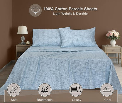 ZOYER 100% Cotton Sheets – California King Percale Bedding, Cooling & Breathable, Durable with a Crisp, Soft & Comfortable Feel, 14" Deep Pocket, 4-Piece Set, Teal Geo