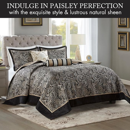 Madison Park Aubrey Reversible Quilted Bedspread Set, Solid Reverse Summer Breathable, Lightweight All Season Bedding Layer, Matching Shams, Bedspread King(120"x118"), Black 5 Piece