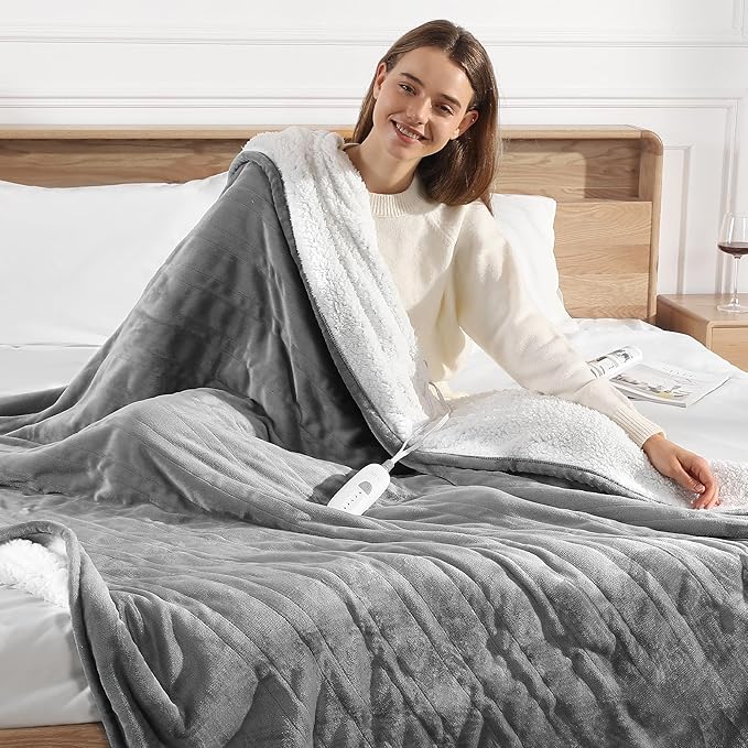 Heated Blanket Full Electric Blanket 72X84in - Fast Heating Blanket for Adults Ultra Soft Sherpa Blankets with 5 Heat Levels & 10 Hrs Timer, Machine Washable, Office Warm Blanket for Winter(Gray)
