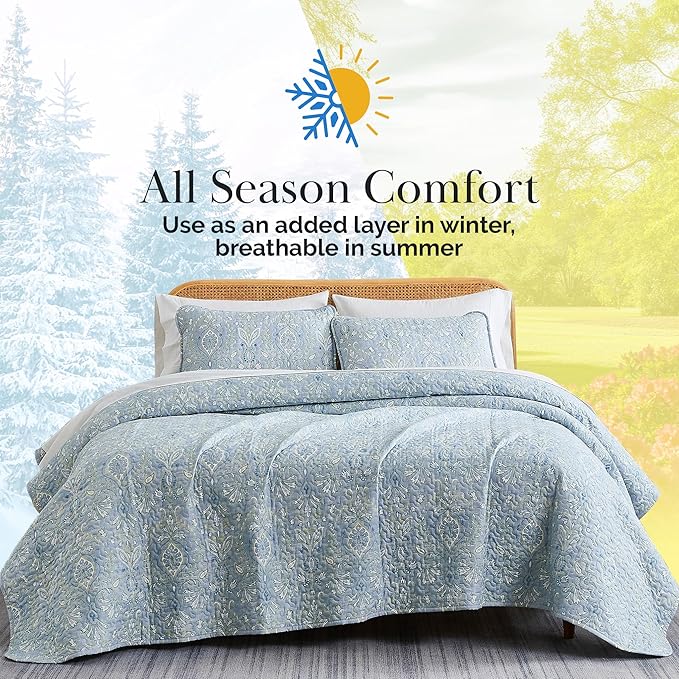 Southshore Fine Living, Inc. Boho Quilt Set, Lightweight Bedspread, Summer Coverlet, 3-Piece Paisley Bedding Set with Two Matching Pillow Shams, California King Quilts, Blue Paisley