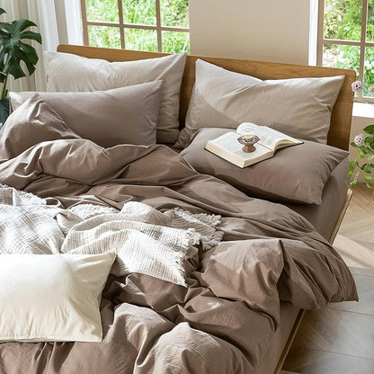 MooMee Bedding Pillowcases Pack of 2 100% Washed Cotton Linen Like Textured Breathable Durable Soft Comfy (Solid Brown, King)