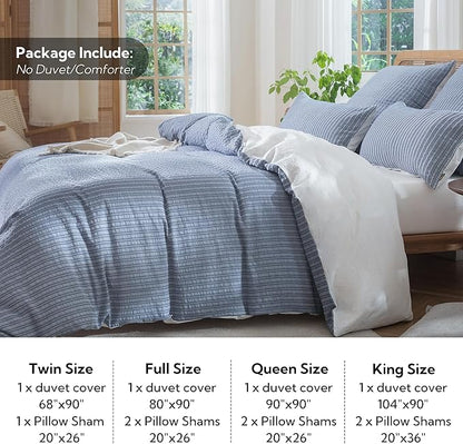 MILDLY Jacquard Stripe Duvet Cover - 100% Washed Cotton Blue Boho Textured Comforter Cover Set with Zipper Closure 90"x90"