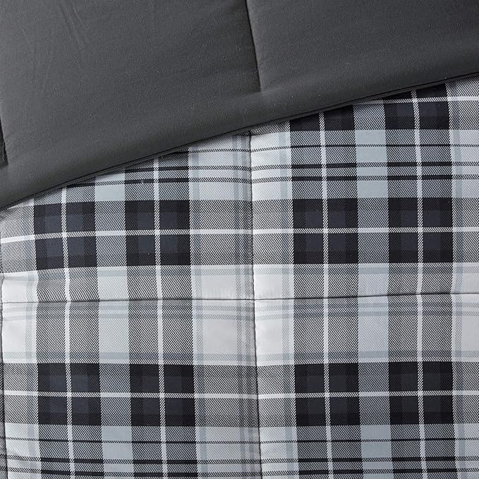 Madison Park Essentials Parkston Plaid Comforter, Matching Sham, 3M Scotchguard Stain Release Cover, Hypoallergenic All Season Bedding-Set, King/California King, Black, 3 Piece