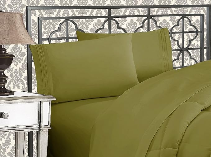 Elegant Comfort Luxurious 1500 Premium Hotel Quality Microfiber Three Line Embroidered Softest 4-Piece Bed Sheet Set, Wrinkle and Fade Resistant, California King, Sage-Green