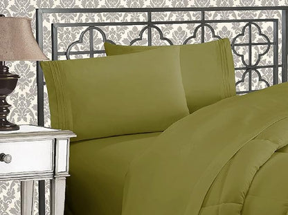 Elegant Comfort Luxurious 1500 Premium Hotel Quality Microfiber Three Line Embroidered Softest 4-Piece Bed Sheet Set, Wrinkle and Fade Resistant, California King, Sage-Green