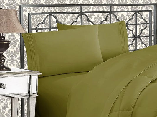 Elegant Comfort Luxurious 1500 Premium Hotel Quality Microfiber Three Line Embroidered Softest 4-Piece Bed Sheet Set, Wrinkle and Fade Resistant, California King, Sage-Green