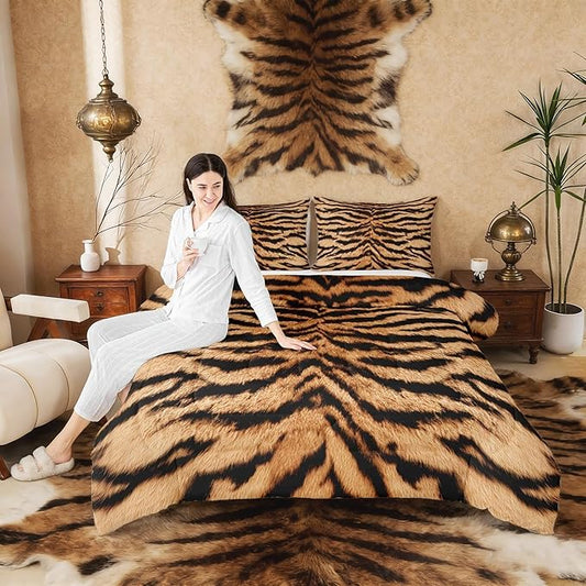 3D Tiger Skin Comforter Set Wild Africa Animals Bedding Set Full Size Kids Teens Men Adult Home Room Decor Abstract Black Brown Stripes Quilted Duvet Romantic Vintage Bedspread,2 Pillowcases