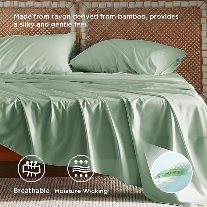 Bedsure Full Size Bed Sheets, Cooling Sheets, Rayon Derived from Bamboo, PureWoven, Breathable & Soft, Deep Pocket Up to 16 Inches, Hotel Luxury Silky Bedding for Hot Sleepers, Sage Green