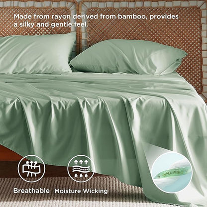 Bedsure King Size Sheets Set, Cooling Sheets for Hot Sleepers, Rayon Derived from Bamboo, PureWoven, Breathable & Soft, Deep Pocket Up to 16 Inches, Hotel Luxury Silky Bedding, Sage Green