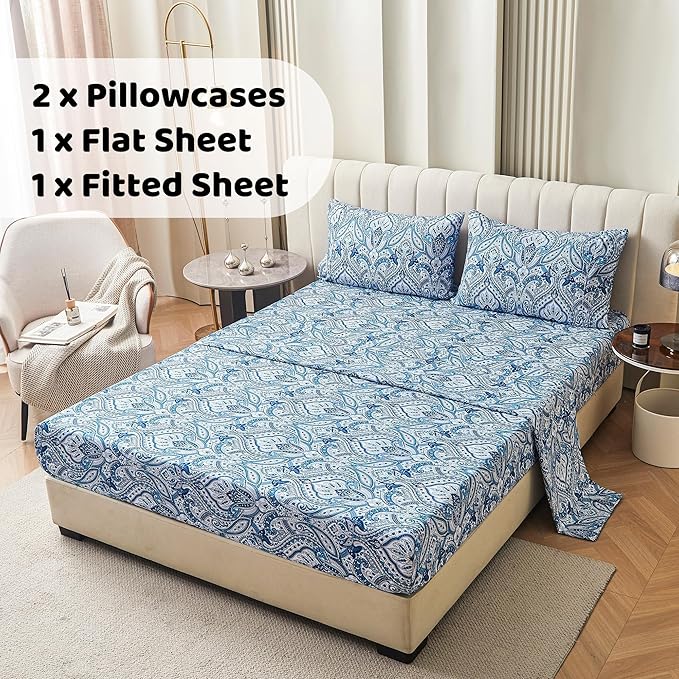 Softan Blue Paisley Printed Bed Sheets Full Size, Floral Sheet Set Full, Brushed Microfiber Patterned Fitted Sheet with 15" Deep Pocket & Non-Slip Straps, Blue Flower Sheets & Pillowcase Set