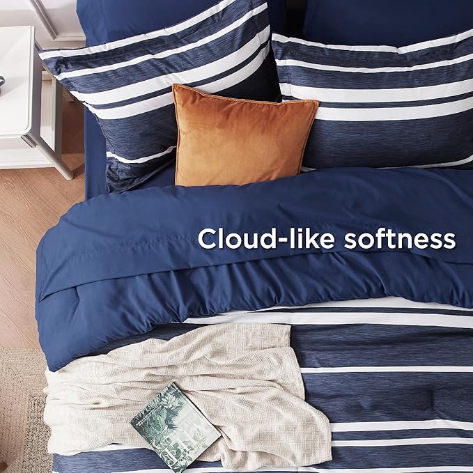 Bedsure King Comforter Set 7 Pieces, Blue Striped Bedding Set for All Seasons, Reversible, Cationic Dyeing Bed in a Bag with Comforter, Sheets, Pillowcases & Shams
