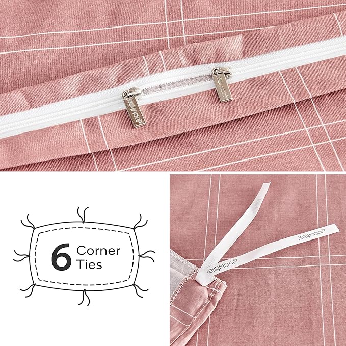 JELLYMONI 100% Natural Cotton Twin Duvet Cover Set, 2pcs Plaid Duvet Cover Sets with Zipper Closure, Grid Geometric Pattern Comforter Cover, Pink