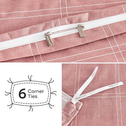 JELLYMONI 100% Natural Cotton King Duvet Cover Set, 3pcs Plaid Duvet Cover Sets with Zipper Closure, Grid Geometric Pattern Comforter Cover, Pink