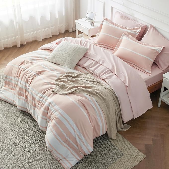 Bedsure Queen Comforter Set 7 Pieces, Light Pink Striped Bedding Set for All Seasons, Reversible, Cationic Dyeing Bed in a Bag with Comforter, Sheets, Pillowcases & Shams