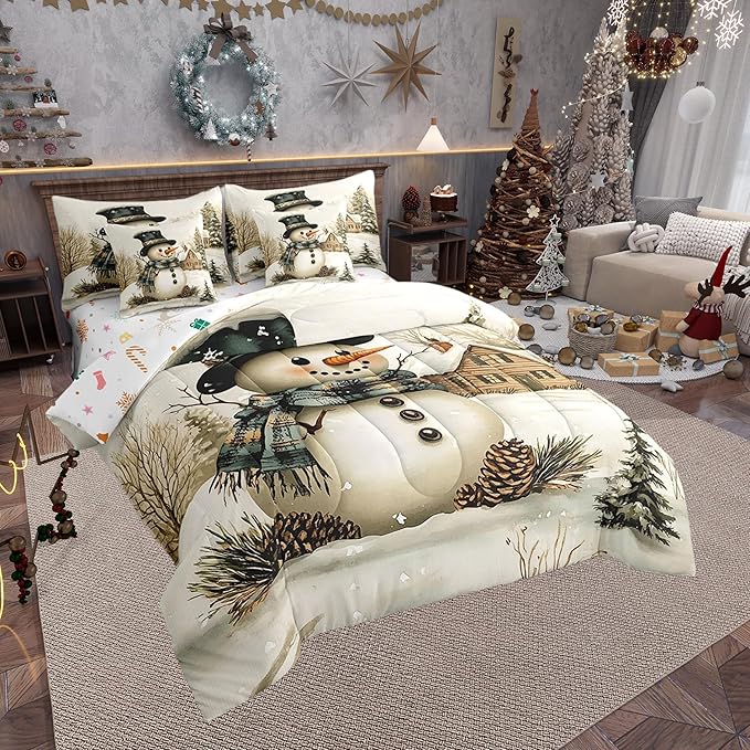 Winter Farmhouse Style Comforter Set Bed in a Bag 7 Pieces Full,Cartoon 3D Snowman Rustic Pinecone Bedding Set,Merry Christmas (Comforter+Fitted+Flat Sheet+2 Pillowcases+2 Throw Pillow Covers)