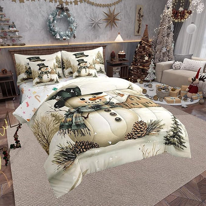 Winter Farmhouse Style Comforter Set Bed in a Bag 7 Pieces Full,Cartoon 3D Snowman Rustic Pinecone Bedding Set,Merry Christmas (Comforter+Fitted+Flat Sheet+2 Pillowcases+2 Throw Pillow Covers)