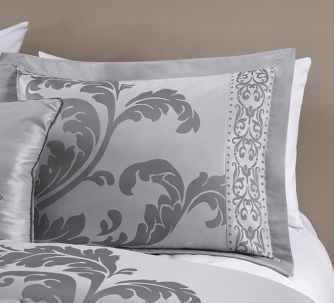 Chezmoi Collection 7-Piece Jacquard Floral Comforter Set (Queen, Silver/Gray)
