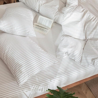MooMee Striped Duvet Cover Set 100% Washed Cotton Linen Like Textured Breathable Durable Soft Comfy (White Orange Wide Stripes, Full 80"x90")
